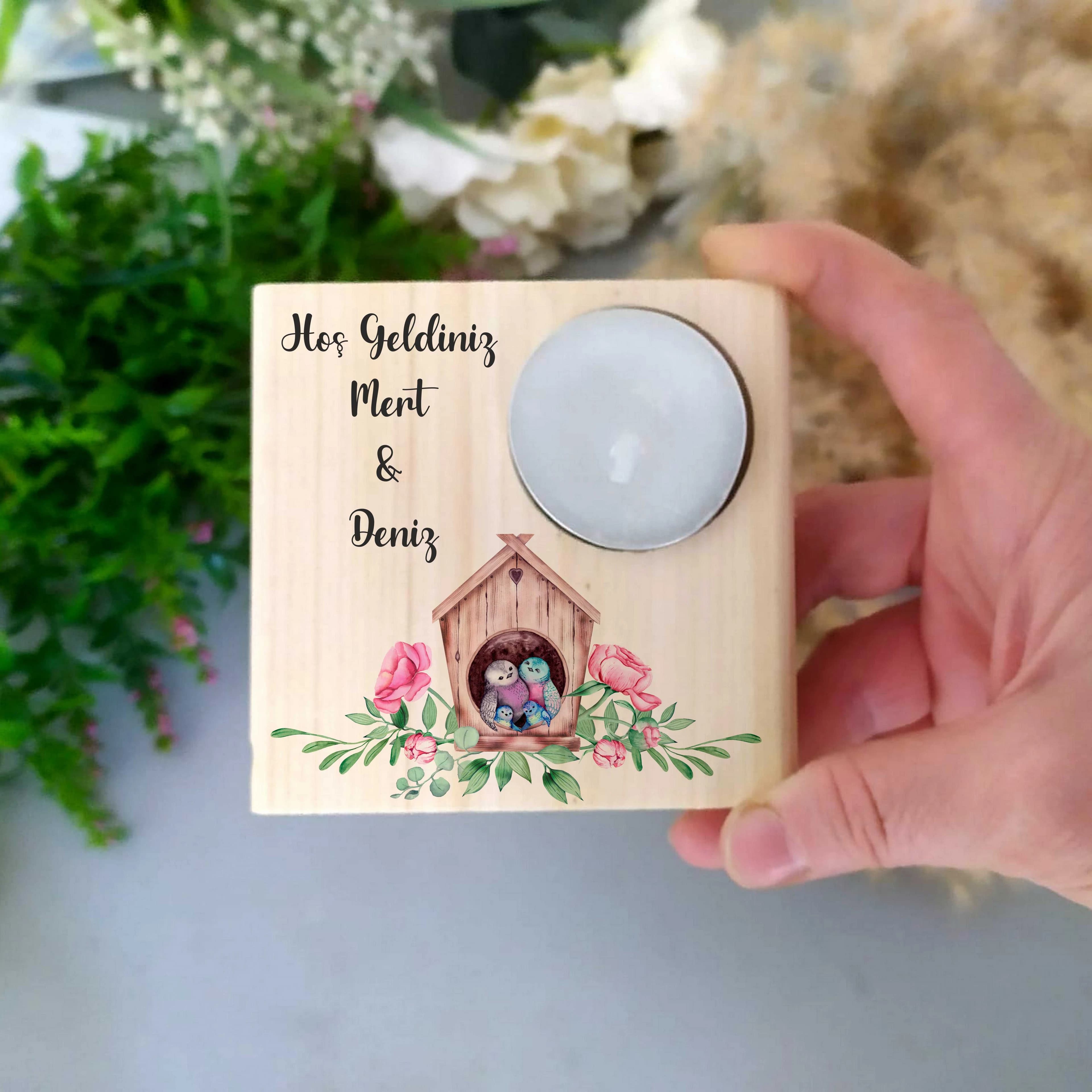 Kuş Tema Ahşap Kare Mum