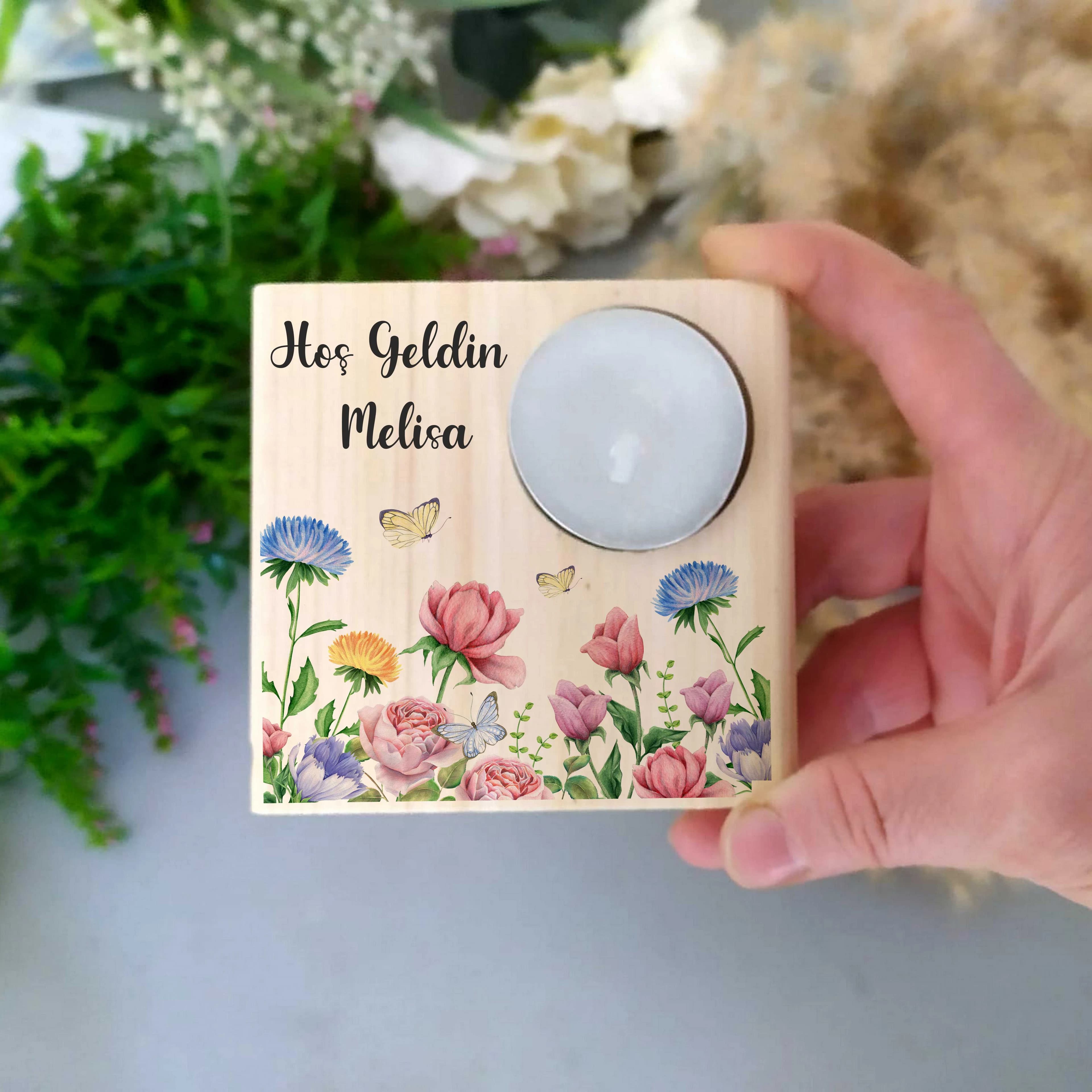 Çiçek Tema Ahşap Kare Mum