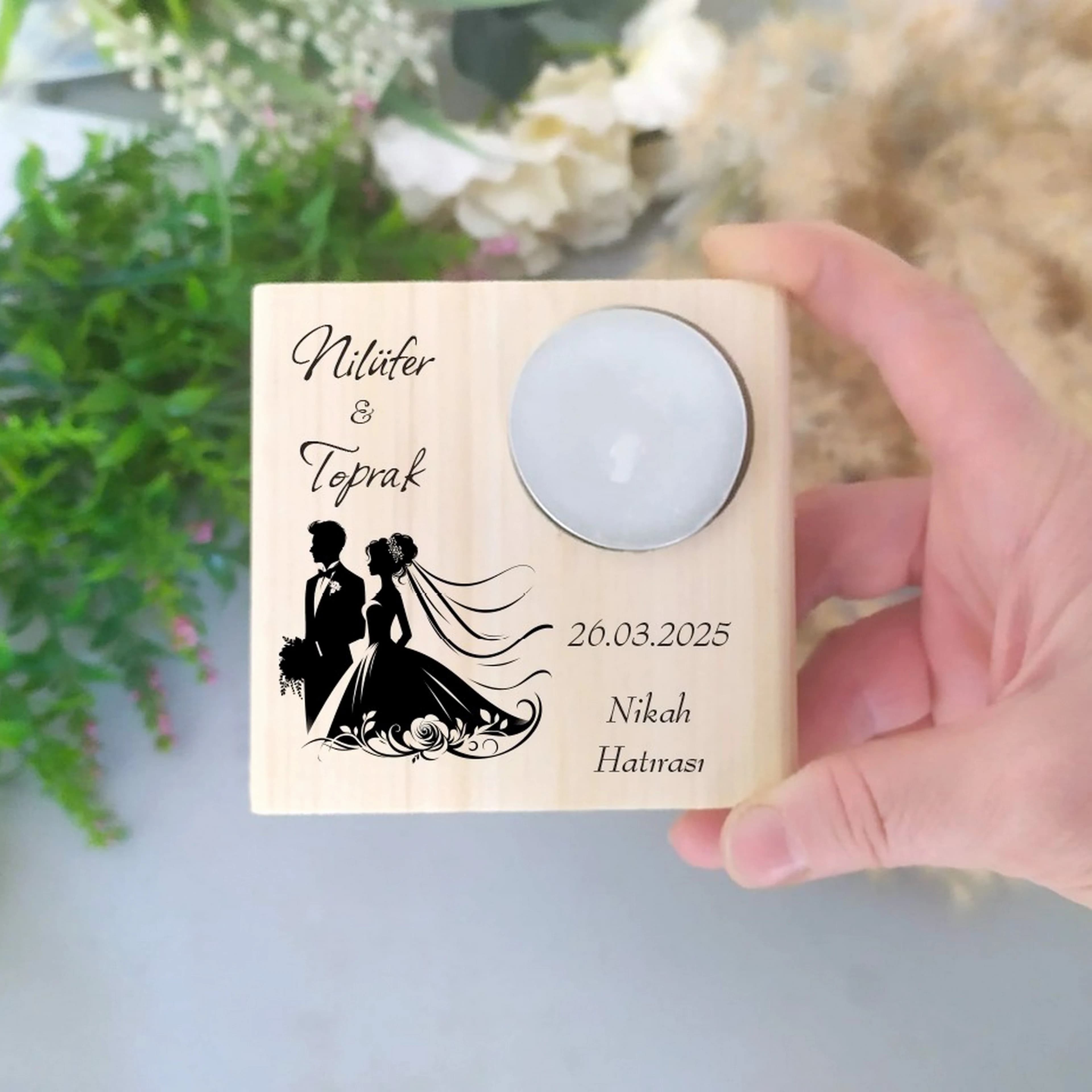 Nikah Hatırası Ahşap Kare Mum