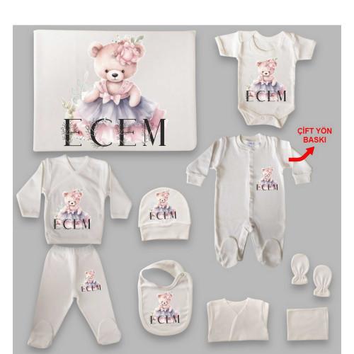 Ayıcık Tema İsim Baskılı Hastane Çıkış Seti (0-3 Ay)