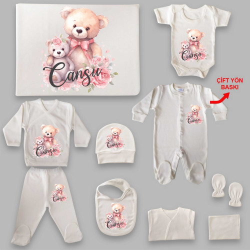 Ayıcık Tema İsim Baskılı Hastane Çıkış Seti (0-3 Ay)