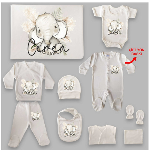 Fil Tema İsim Baskılı Hastane Çıkış Seti (0-3 Ay)