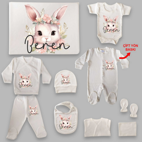 Tavşan Tema İsim Baskılı Hastane Çıkış Seti (0-3 Ay)