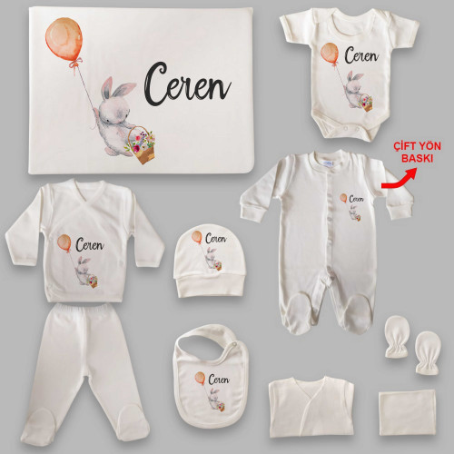 Tavşan Tema İsim Baskılı Hastane Çıkış Seti (0-3 Ay)
