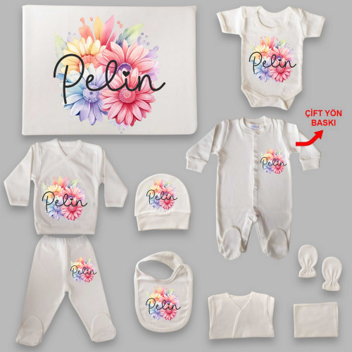 Çiçek Tema İsim Baskılı Hastane Çıkış Seti (0-3 Ay)