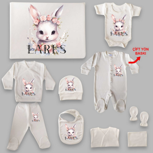 Tavşan Tema İsim Baskılı Hastane Çıkış Seti (0-3 Ay)