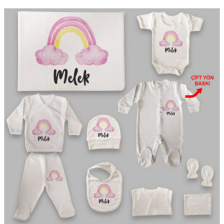 Gökkuşağı Tema İsim Baskılı Hastane Çıkış Seti (0-3 Ay)