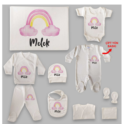 Gökkuşağı Tema İsim Baskılı Hastane Çıkış Seti (0-3 Ay)