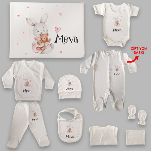Tavşan Tema İsim Baskılı Hastane Çıkış Seti (0-3 Ay)